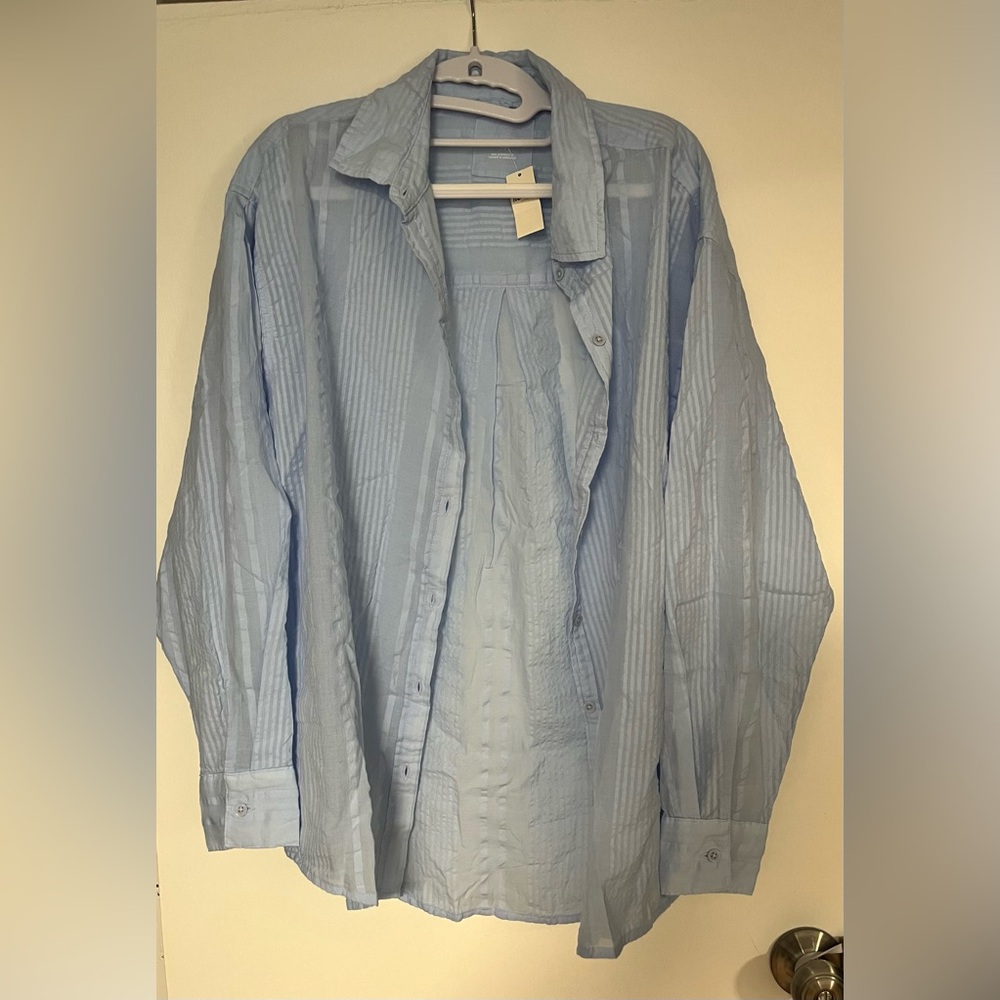 Aerie Light Blue Sheer Striped Button-Up Shirt - Oversized Fit